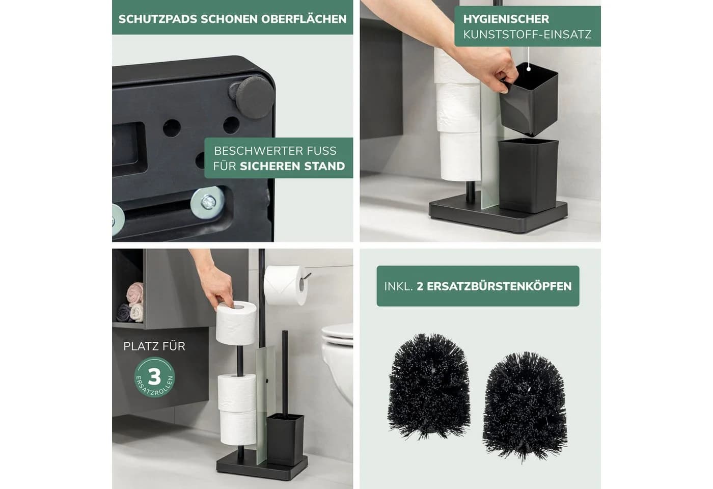 eluno WC-Garnitur 4in1 Schwarz mit WC-Bürste und Rollenhalter - Bild 4