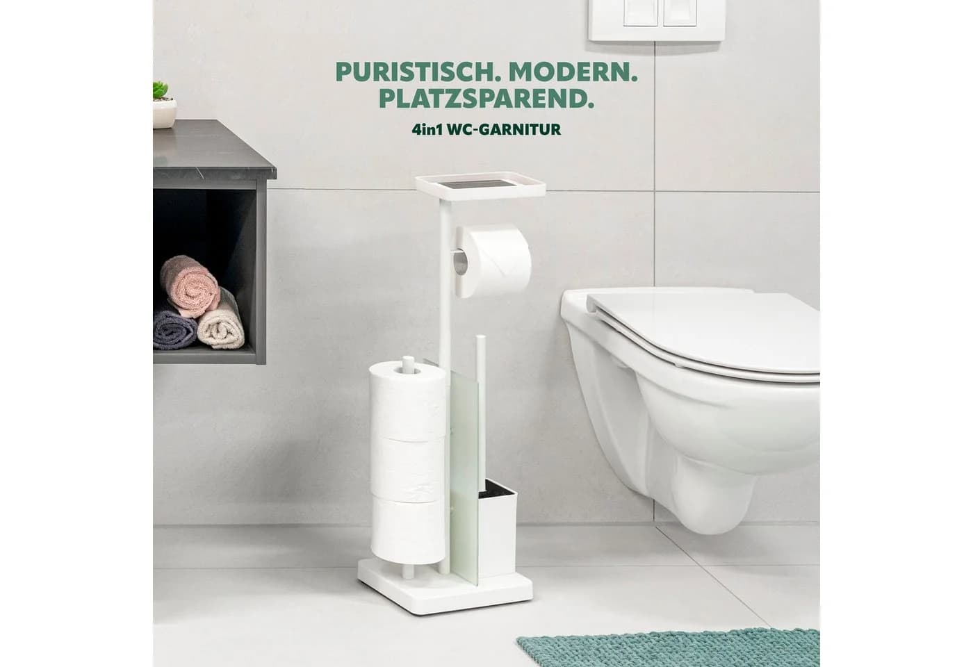 eluno WC-Garnitur 4in1 mit WC-Bürste und Rollenhalter Weiß