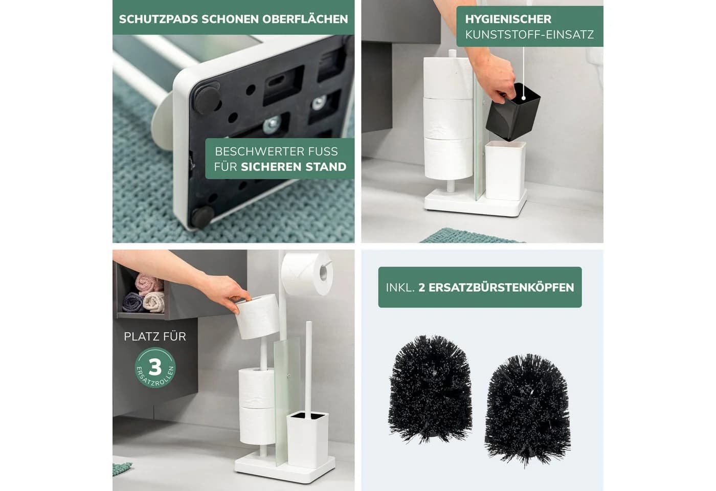 eluno WC-Garnitur 4in1 mit WC-Bürste und Rollenhalter Weiß - Bild 4