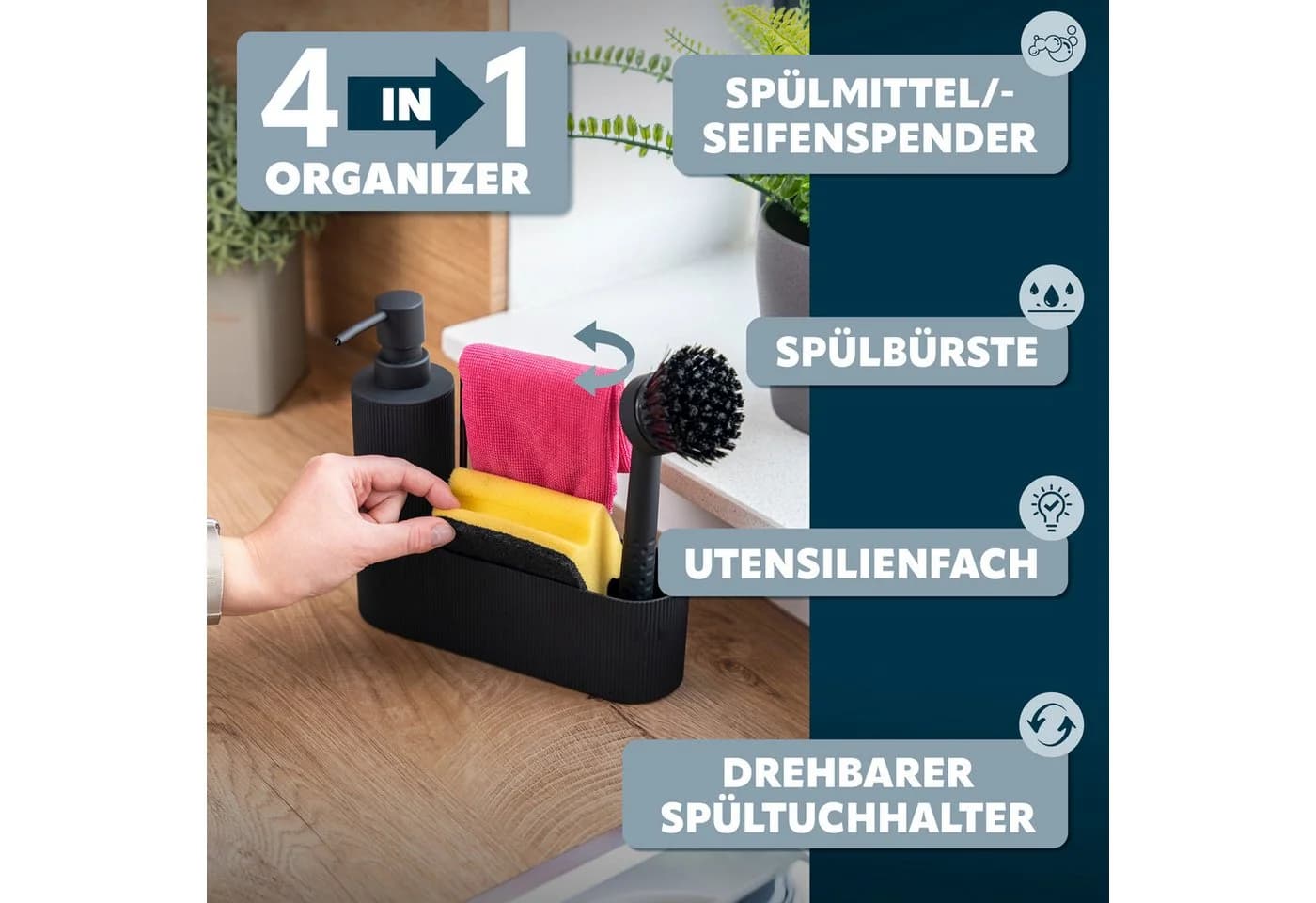 eluno Spülbecken Organizer Schwarz mit Spülmittelspender und Spülbürste - Bild 3