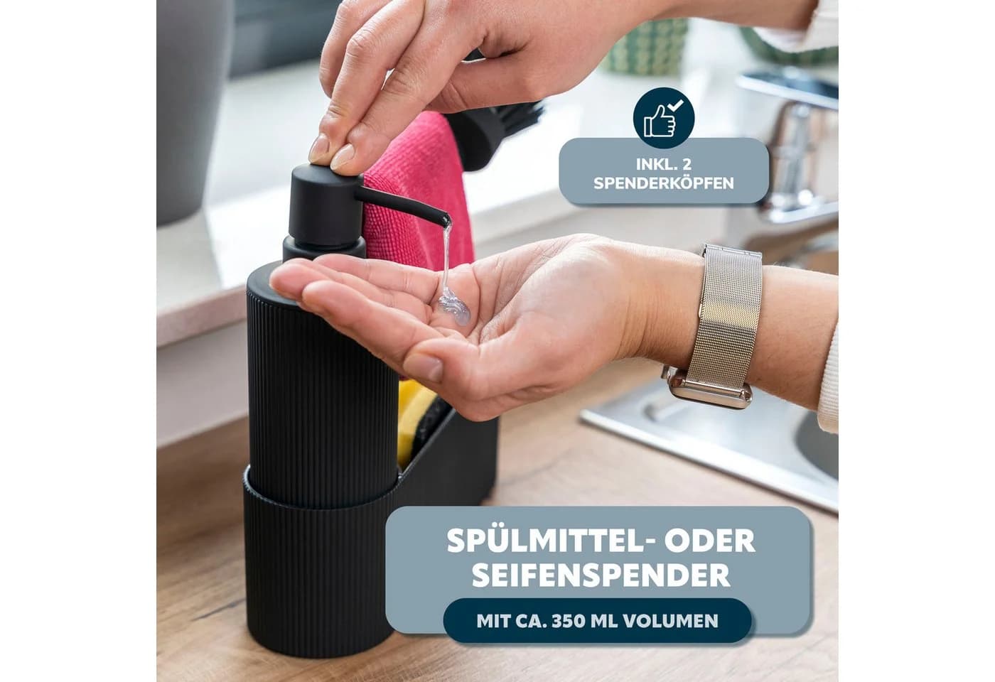 eluno Spülbecken Organizer Schwarz mit Spülmittelspender und Spülbürste - Bild 4