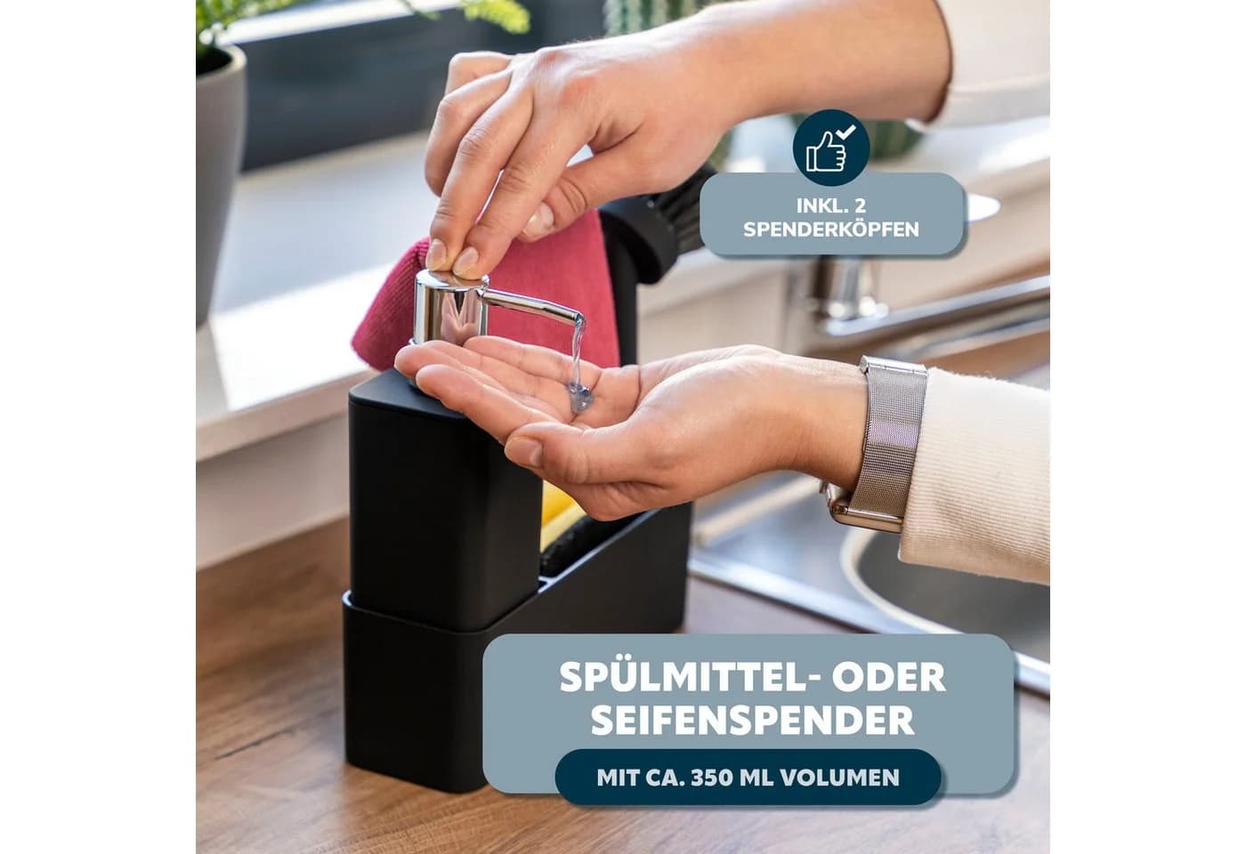 eluno Spülbecken Organizer Schwarz mit Spülmittelspender und Spülbürste - Bild 4