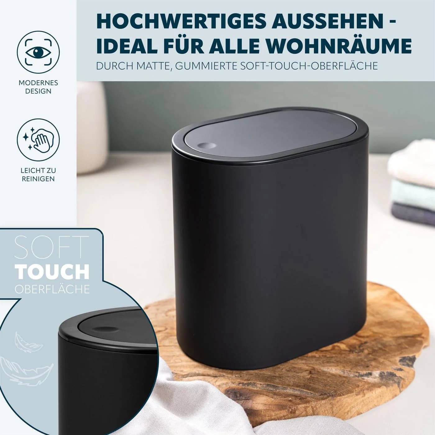 eluno Kosmetikeimer oval mit Schwingdeckel Schwarz 6 Liter - Bild 3