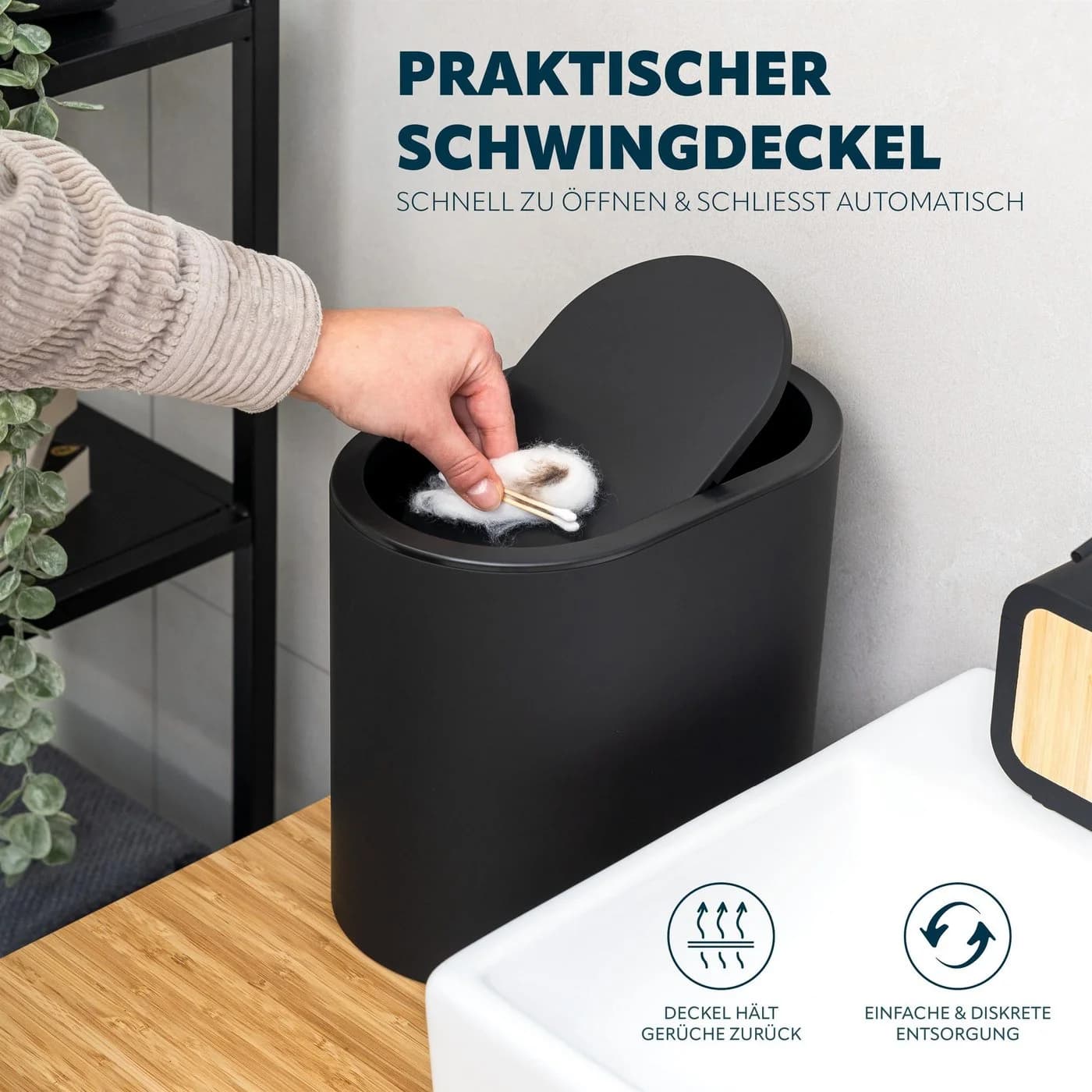 eluno Kosmetikeimer oval mit Schwingdeckel Schwarz 6 Liter - Bild 4