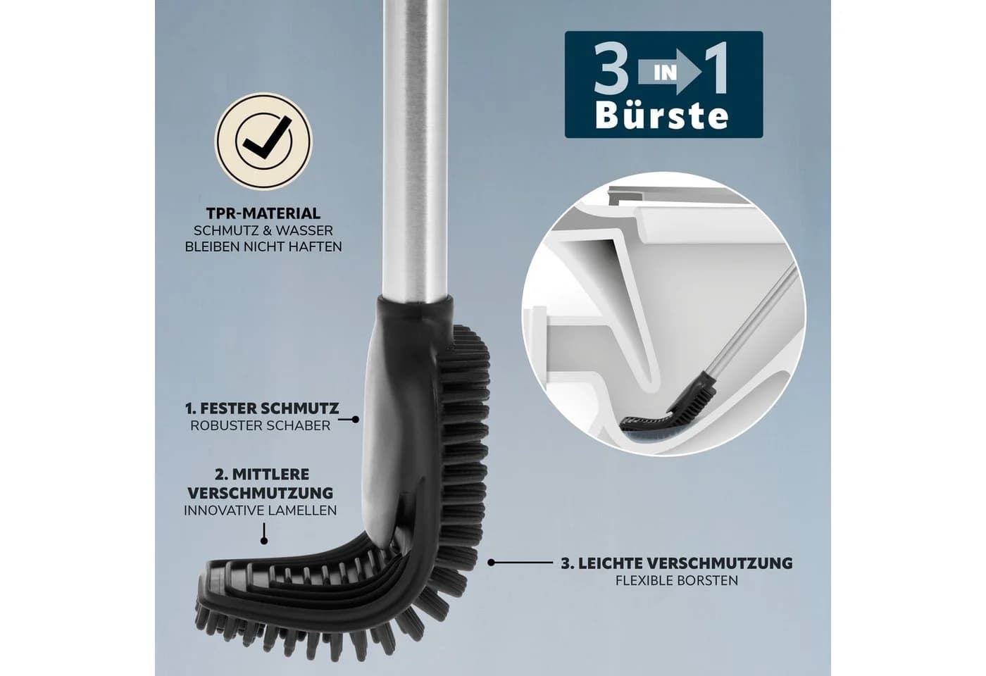 bremermann WC-Garnitur BARBENA mit flexibler 3in1 TPR-Bürste, schwarz/silber - Bild 4
