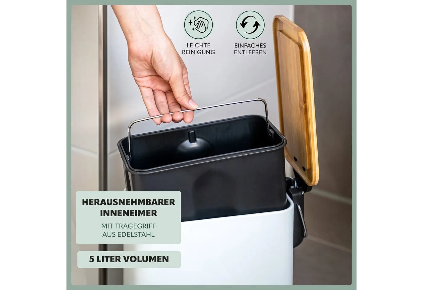 bremermann Kosmetikeimer mit Bambus-Deckel und Soft-Close, 5 l, weiß - Bild 5