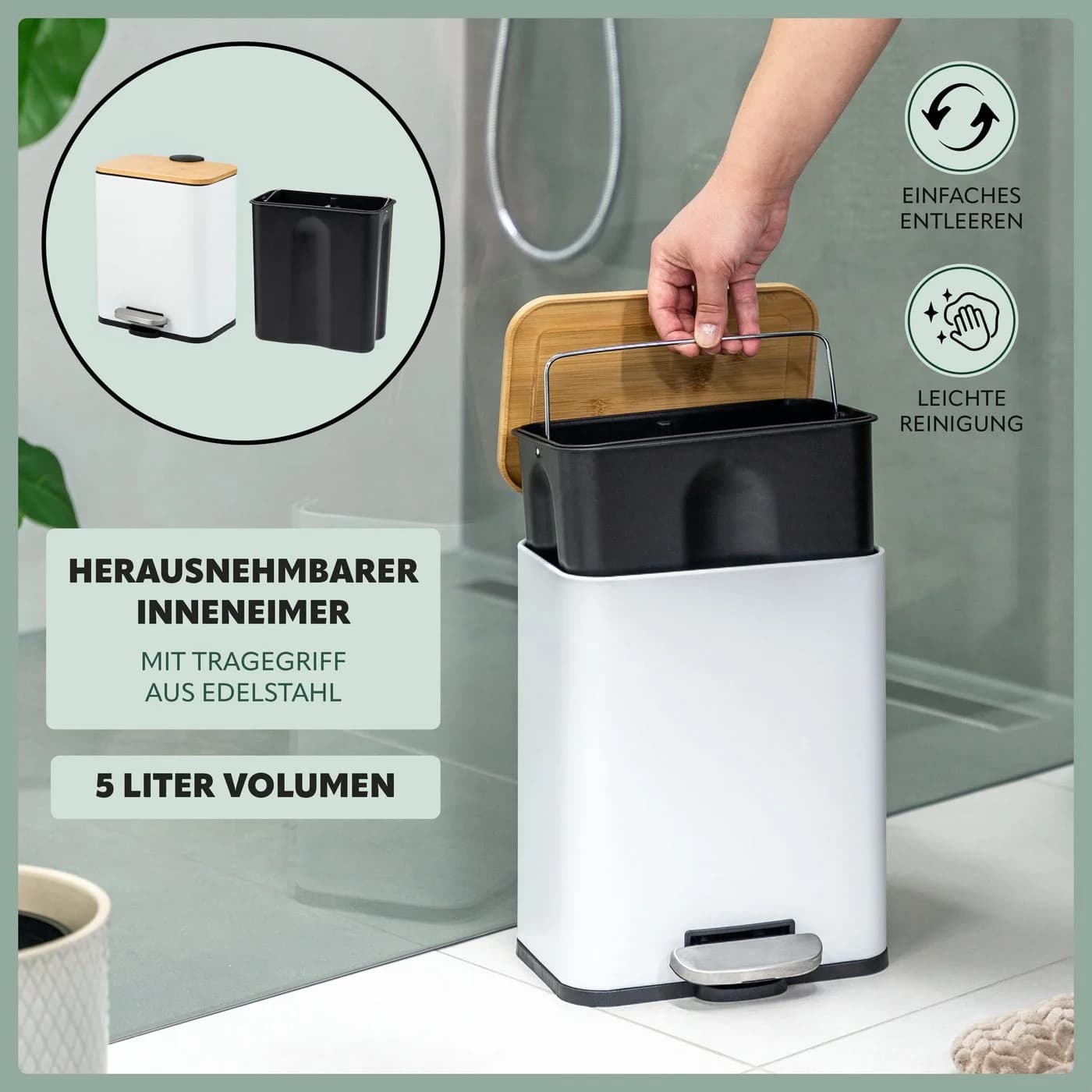 bremermann Kosmetikeimer Treteimer 5L Bambus Metall Weiß Softclose - Bild 4