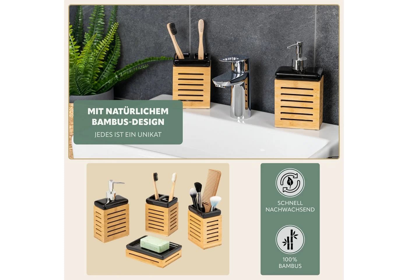 bremermann Badaccessoire-Set 4-tlg. Keramik Bambus Schwarz - Bild 5