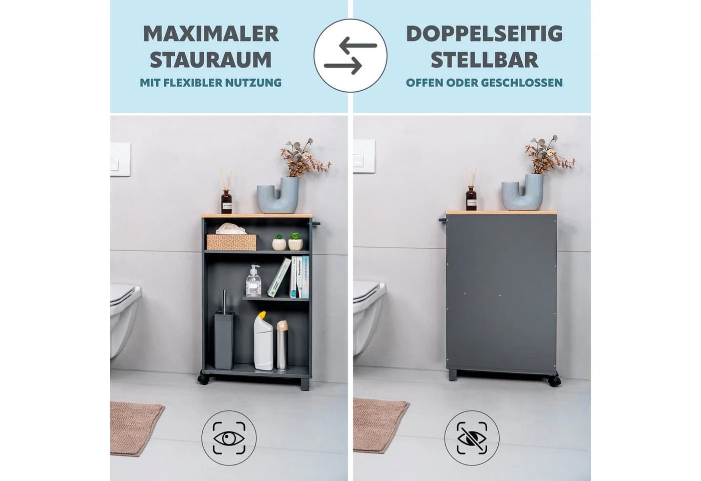 eluno Bad-Rollwagen Grau 3 Ebenen Holz Organizer