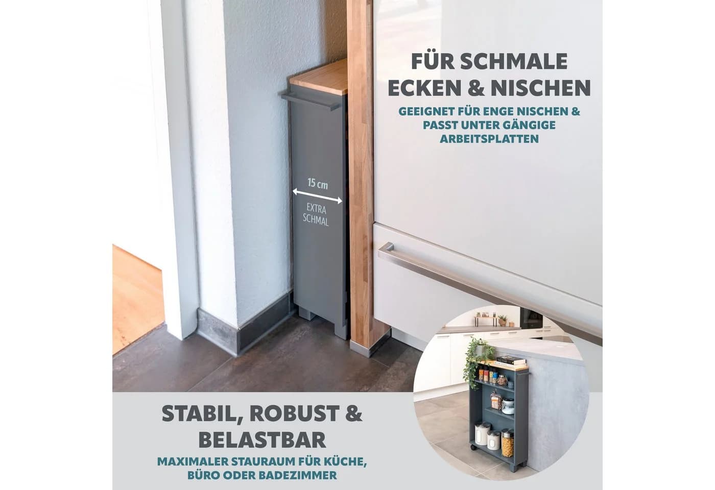 eluno Bad-Rollwagen Grau 3 Ebenen Holz Organizer - Bild 3
