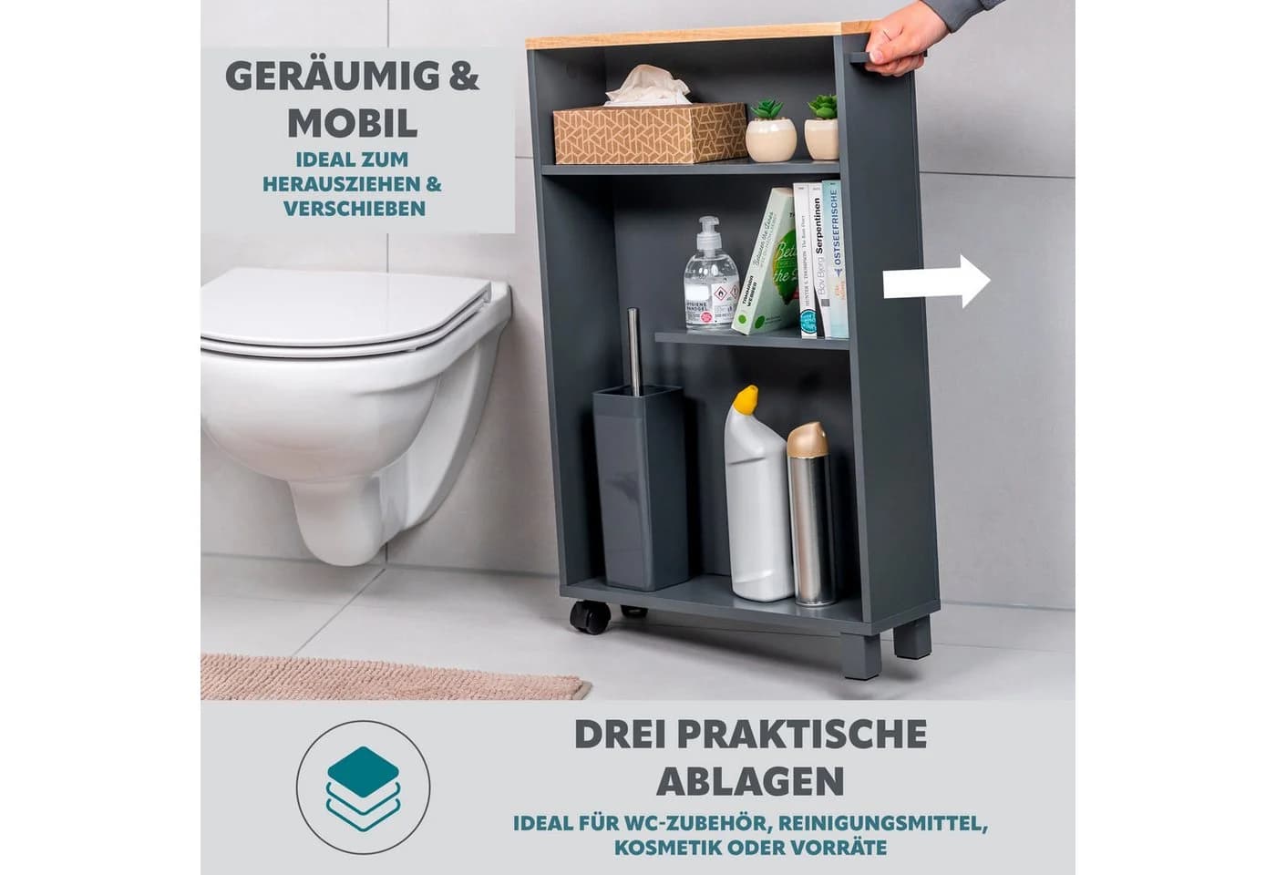 eluno Bad-Rollwagen Grau 3 Ebenen Holz Organizer - Bild 4