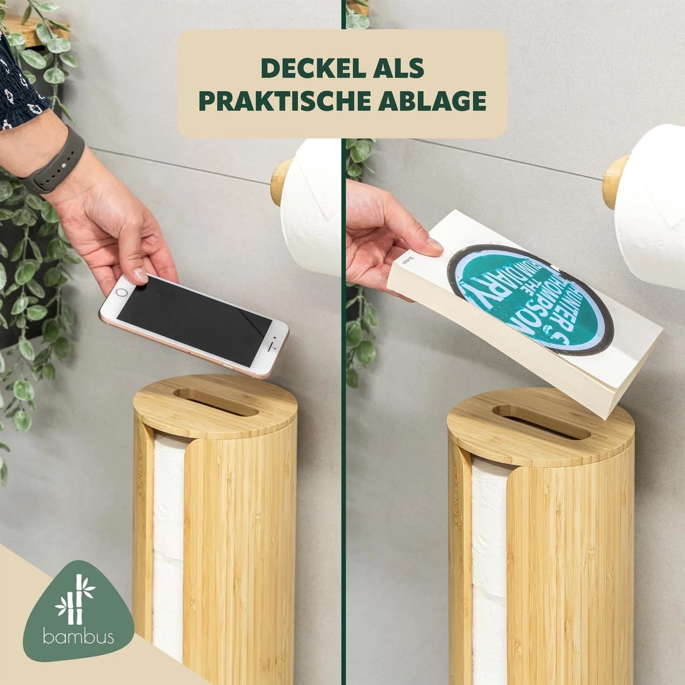 eluno Toilettenpapierhalter Bambus für 4 Rollen mit Deckel - Bild 3
