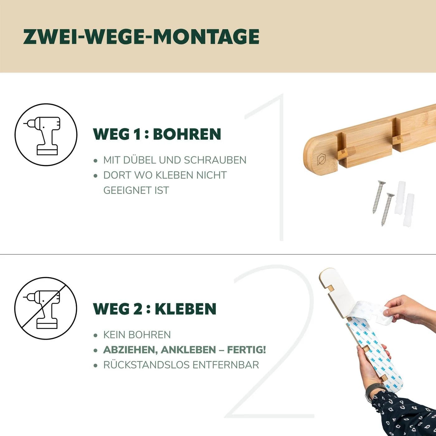 eluno Kleiderhaken Garderobenleiste mit 4 einklappbaren Haken aus Bambus - Bild 5