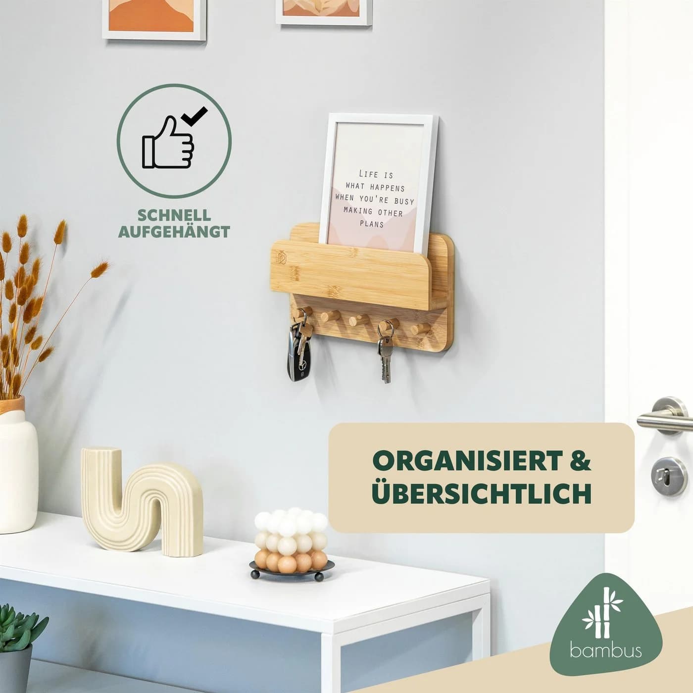 eluno Schlüsselkasten Bambus mit 5 Haken und Ablage - Bild 3