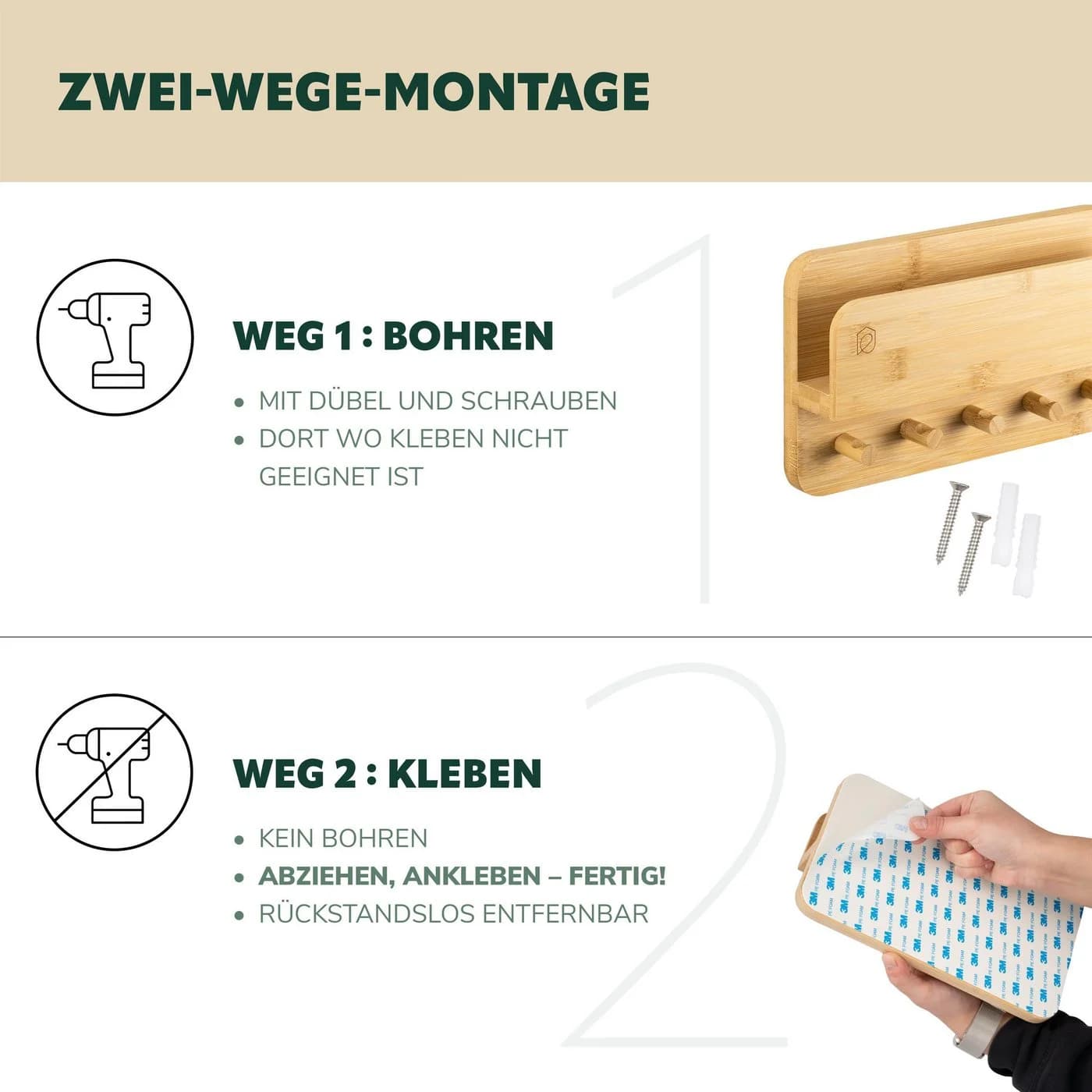 eluno Schlüsselkasten Bambus mit 5 Haken und Ablage - Bild 5