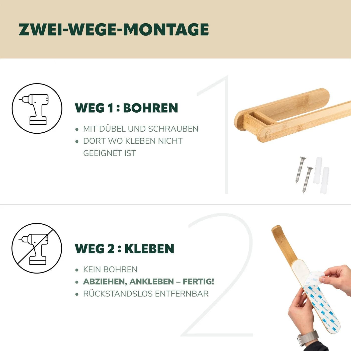 eluno Wandrollenhalter Bambus Natur Kleben Bohren - Bild 5