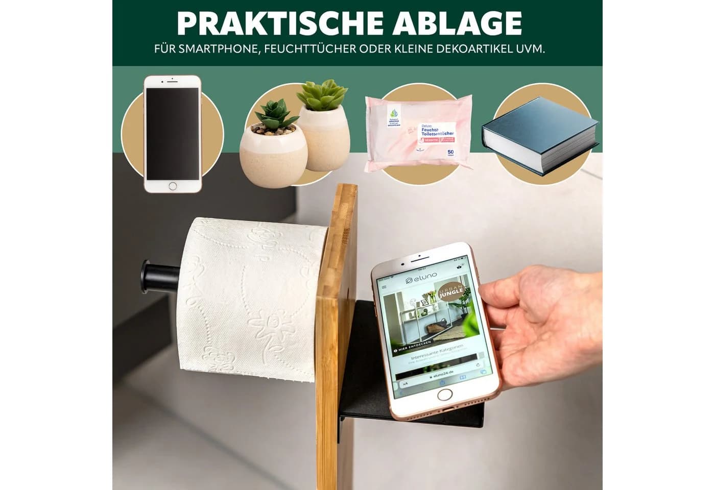 eluno WC-Garnitur Stand-WC-Garnitur 4in1 Schwarz Bambus Metall - Bild 3