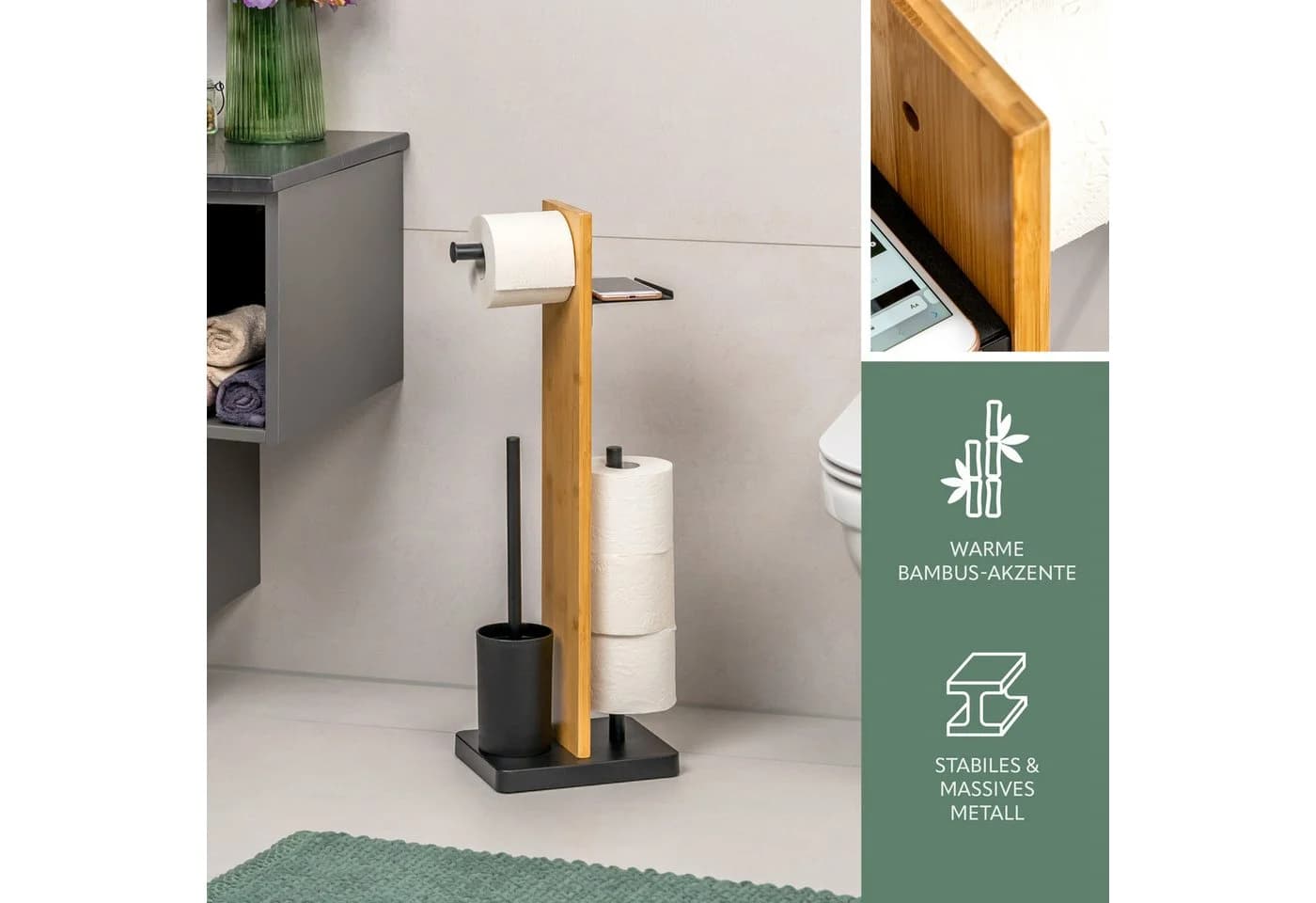 eluno WC-Garnitur Stand-WC-Garnitur 4in1 Schwarz Bambus Metall - Bild 4