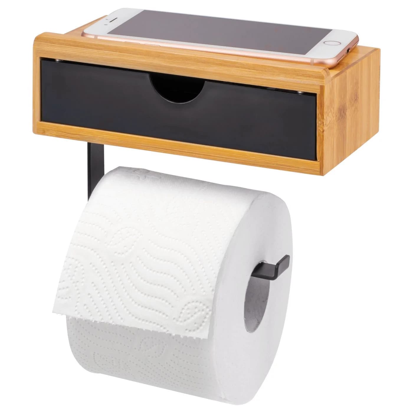 eluno Toilettenpapierhalter Bambus Metall Schwarz mit Schublade - Bild 2