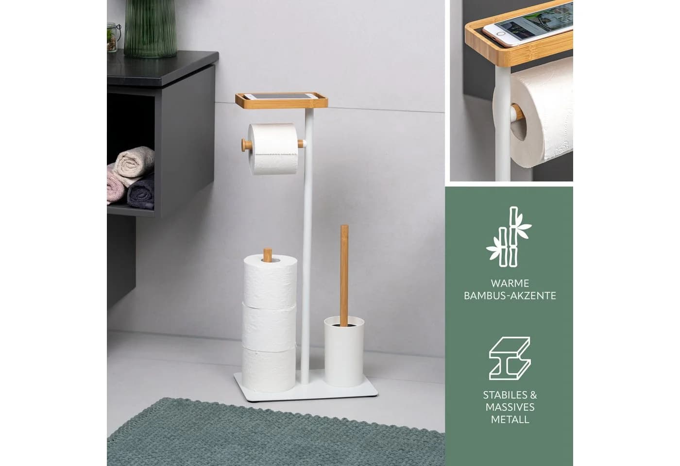 eluno WC-Garnitur Stand-WC-Garnitur 4in1 Weiß Metall Bambus - Bild 4