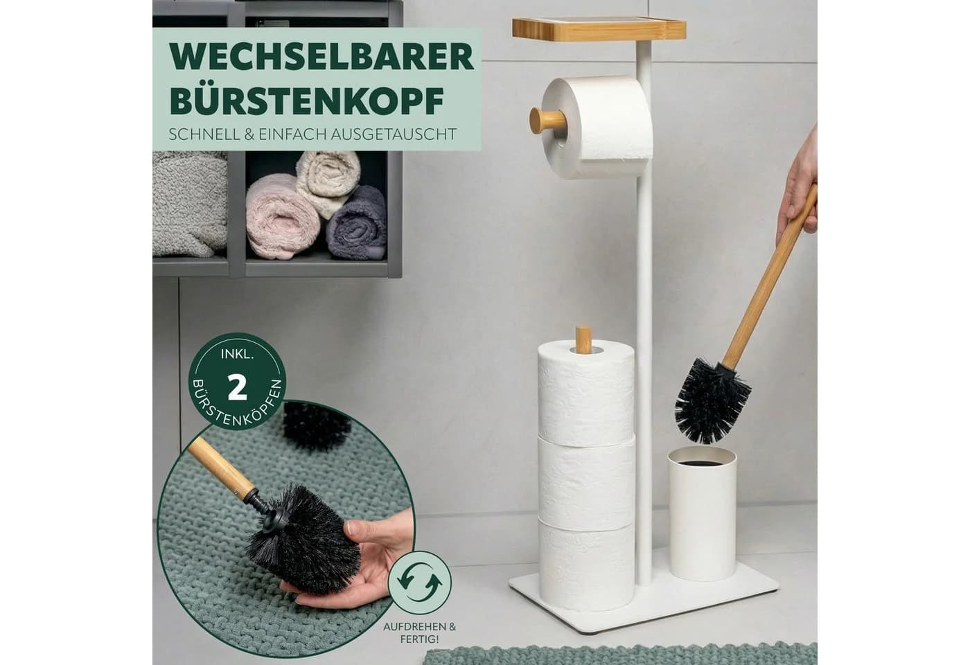 eluno WC-Garnitur Stand-WC-Garnitur 4in1 Weiß Metall Bambus - Bild 5
