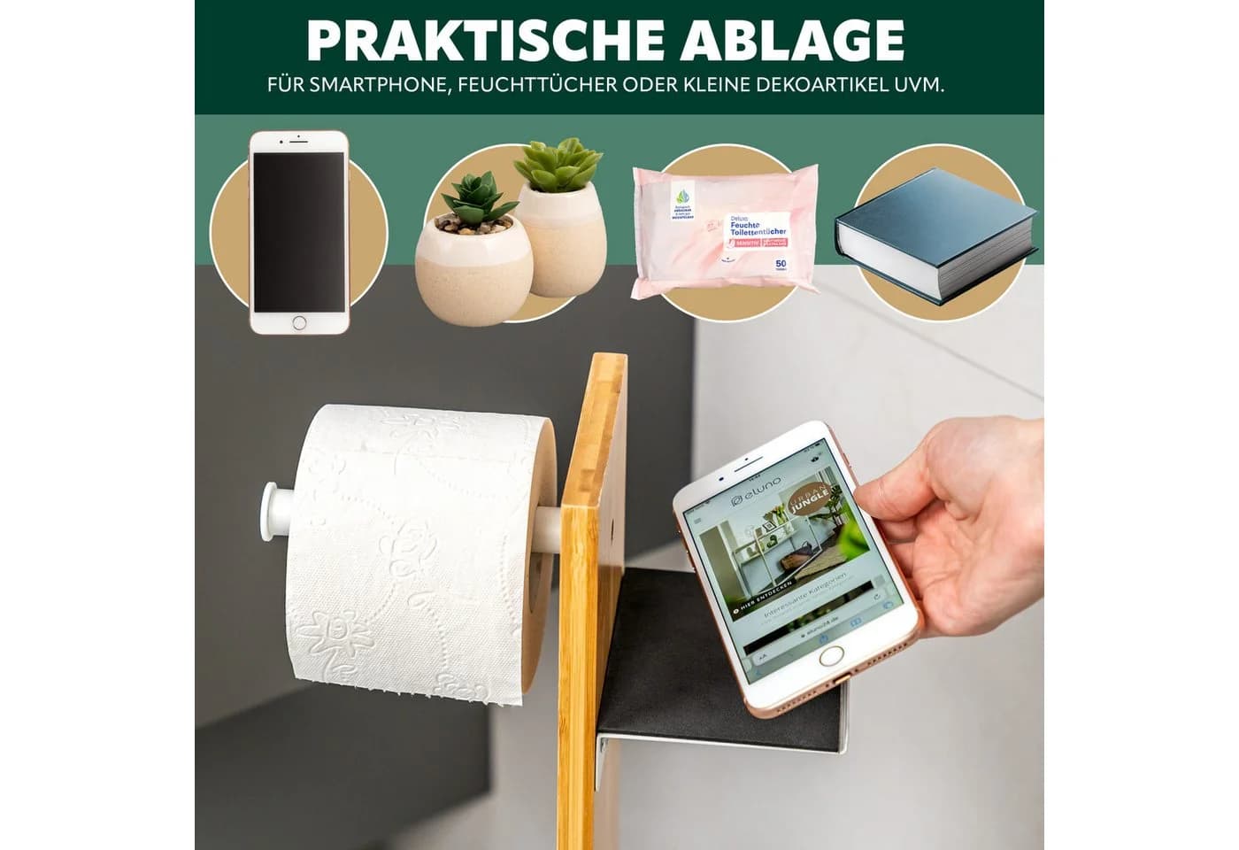 eluno Stand-WC-Garnitur 4in1 Weiß mit Ablage und Bürstenhalter - Bild 3