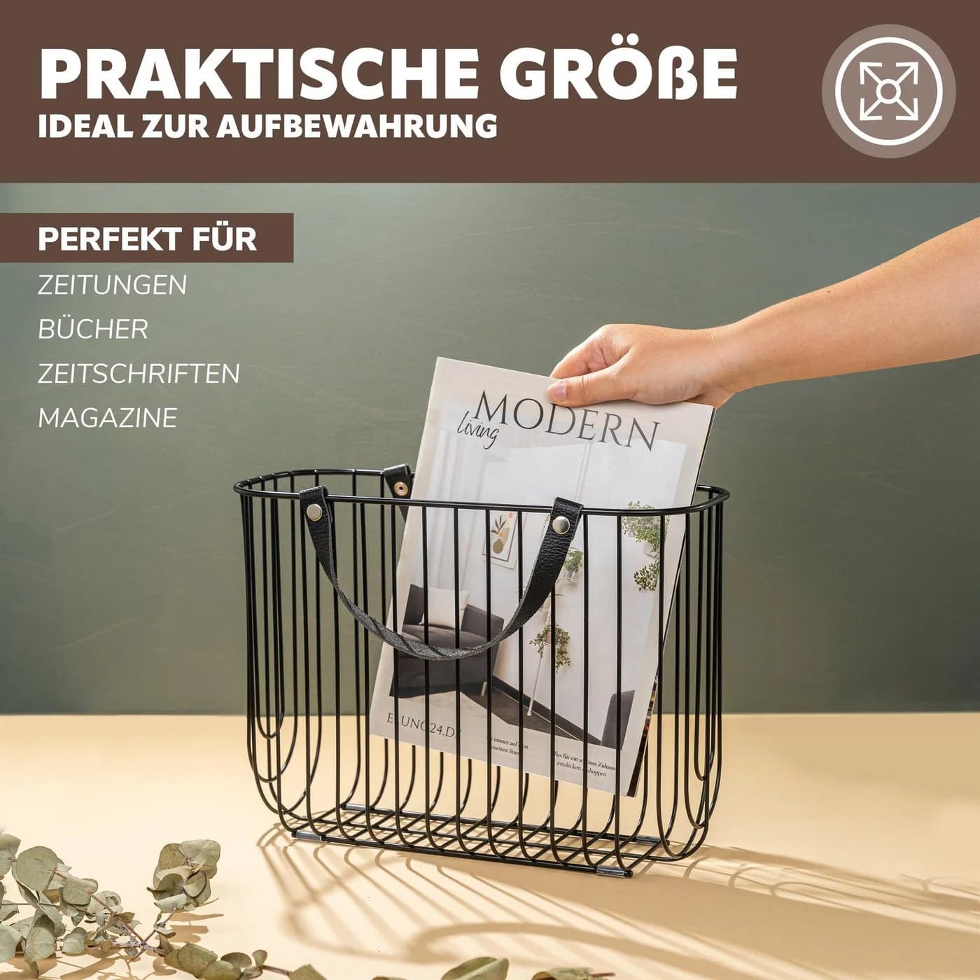 eluno Zeitungsständer Metall mit Ledergriffen Schwarz - Bild 3