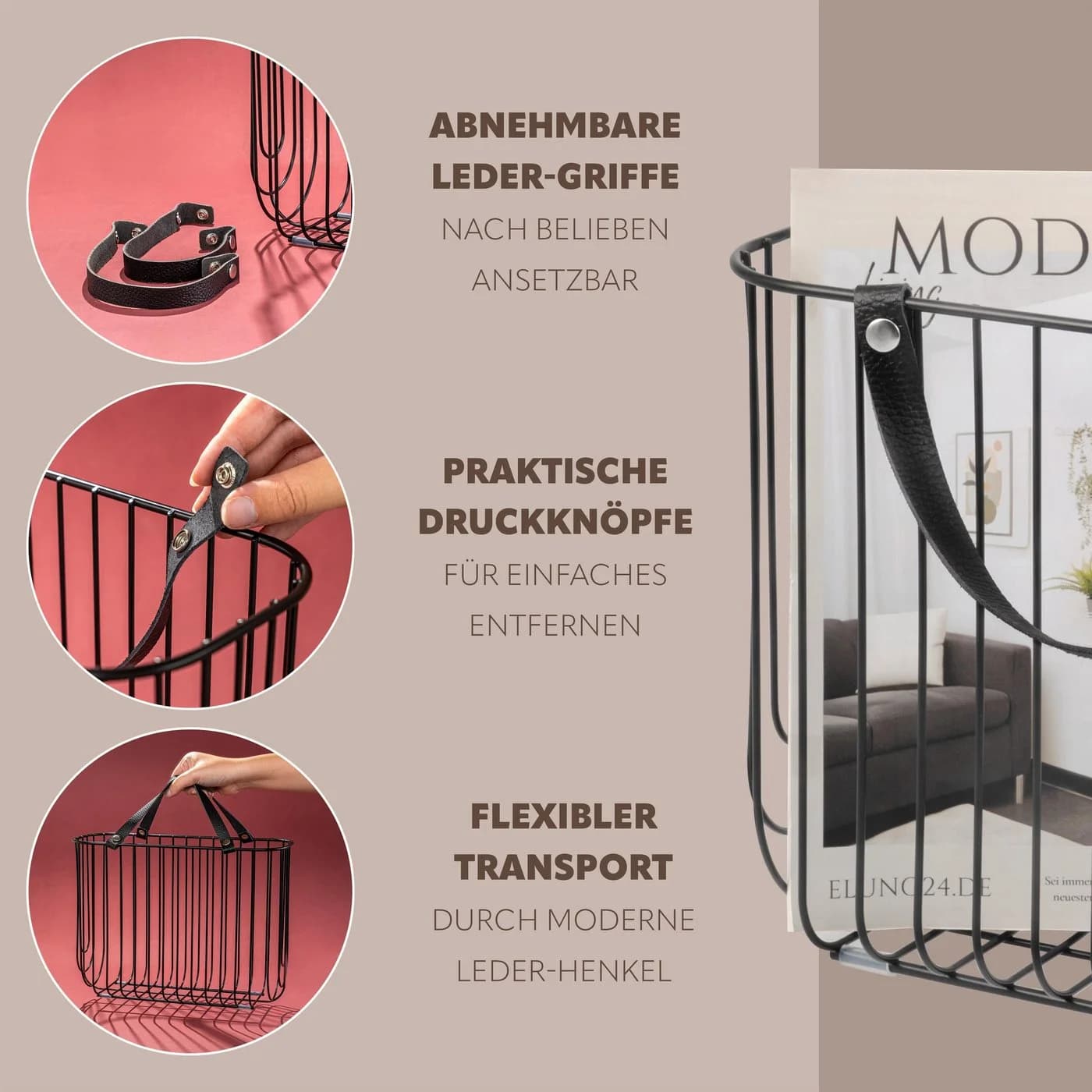 eluno Zeitungsständer Metall mit Ledergriffen Schwarz - Bild 5