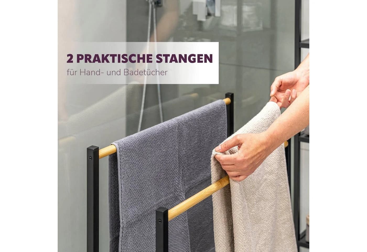 eluno Handtuchständer freistehend mit 2 Bambus-Stangen und 4 Haken - Bild 3