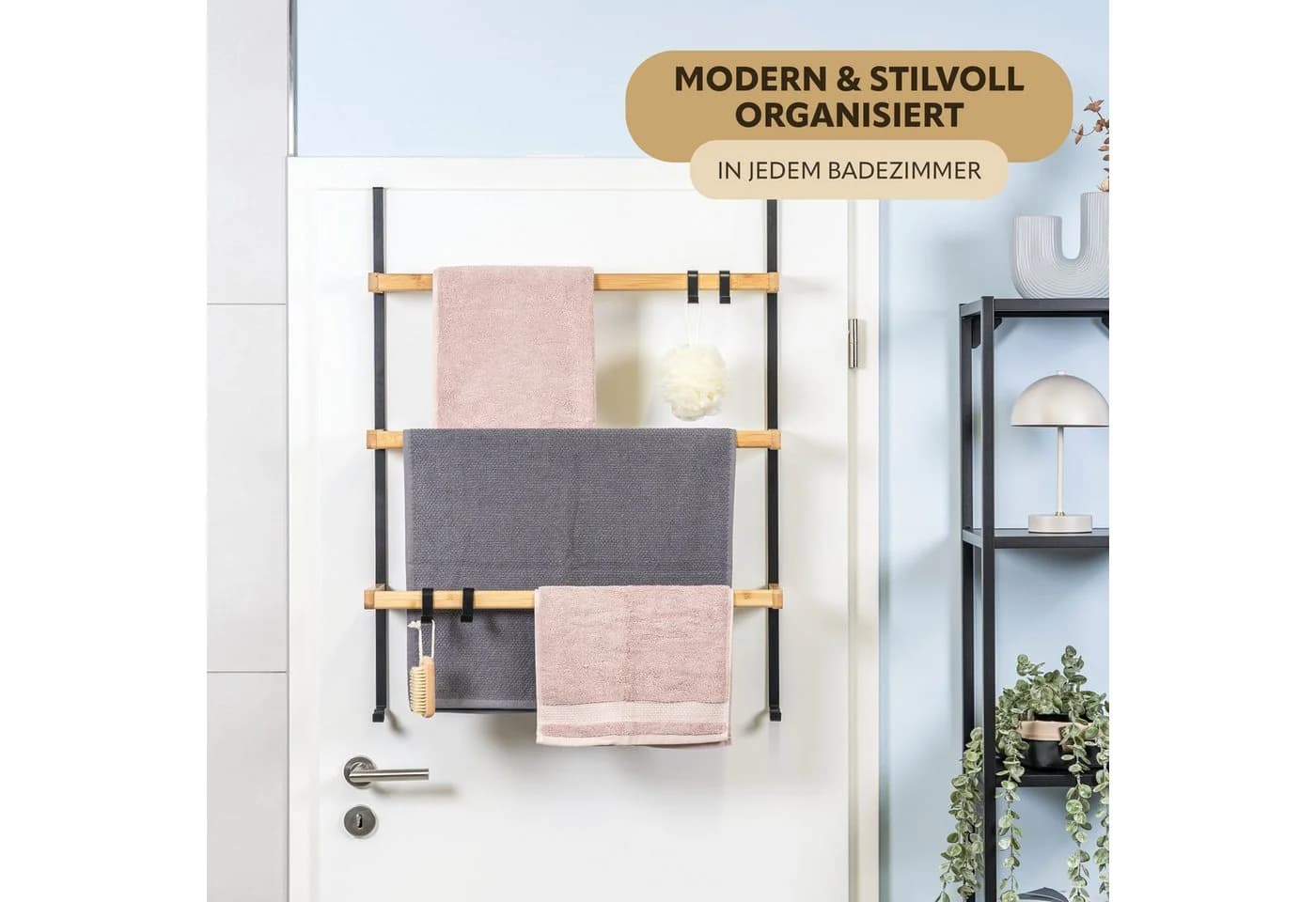 eluno Türregal Schwarz Metall Bambus 3 Handtuchstangen