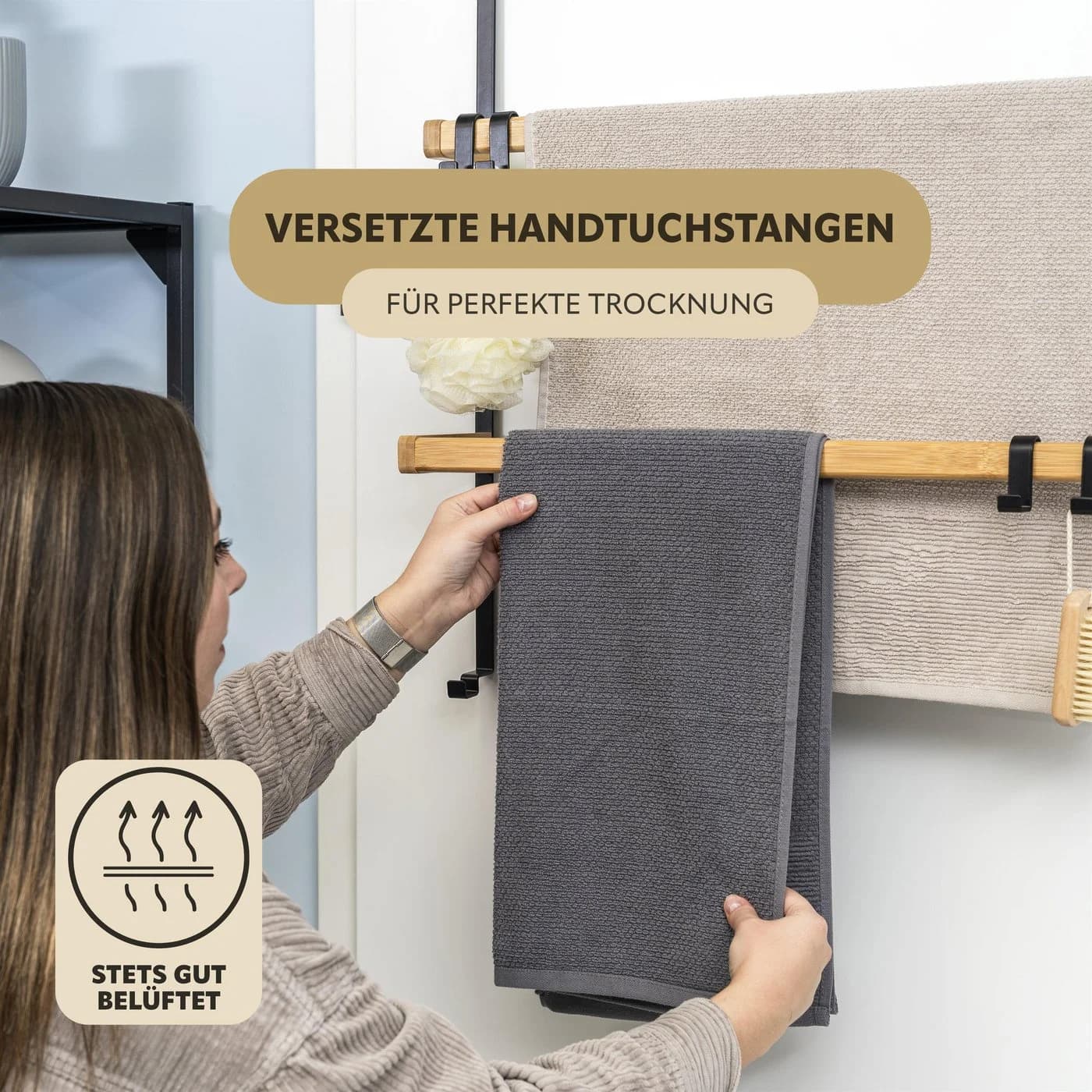 eluno Türregal aus Metall und Bambus, 2 Handtuchstangen, 4 Haken Schwarz - Bild 3