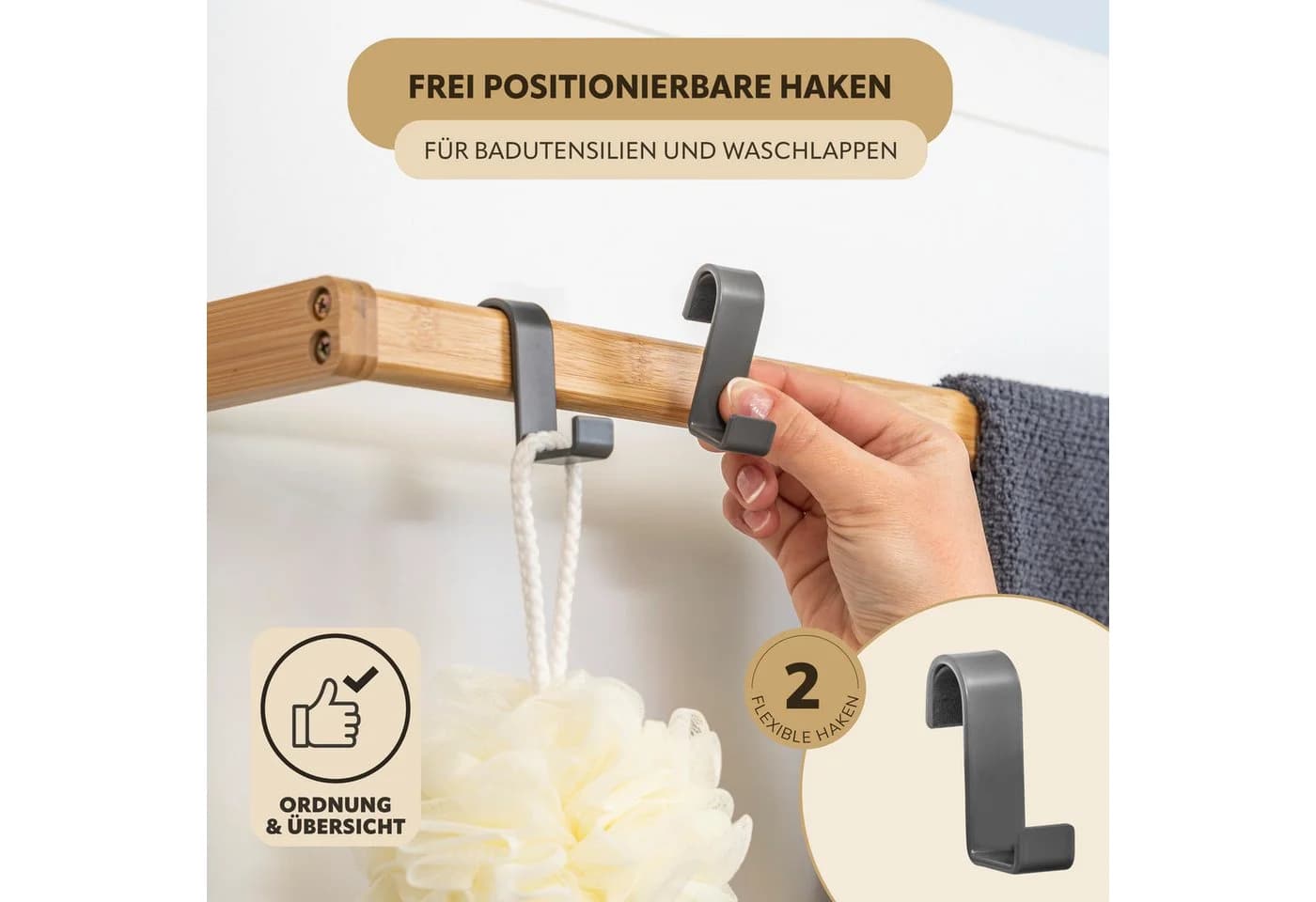 eluno Türregal Grau Metall & Bambus mit Handtuchstange und Haken - Bild 4