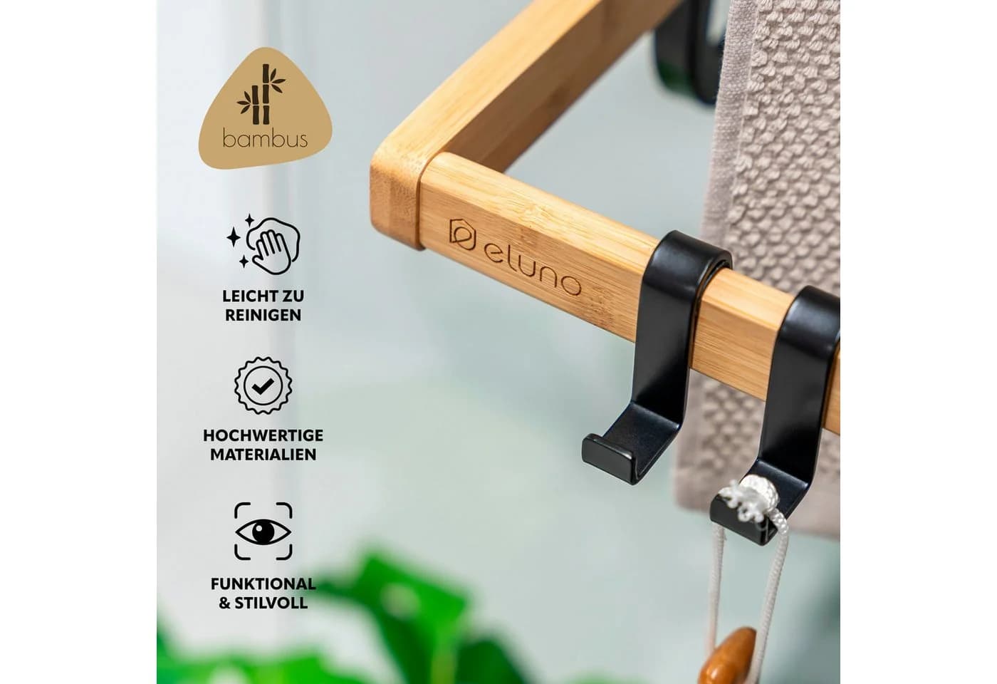 eluno Hängeregal Handtuchhalter Schwarz Bambus Metall - Bild 5