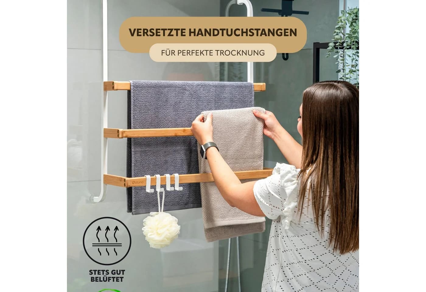 eluno Hängeregal Handtuchhalter Weiß Bambus Metall für Glasduschwand - Bild 3