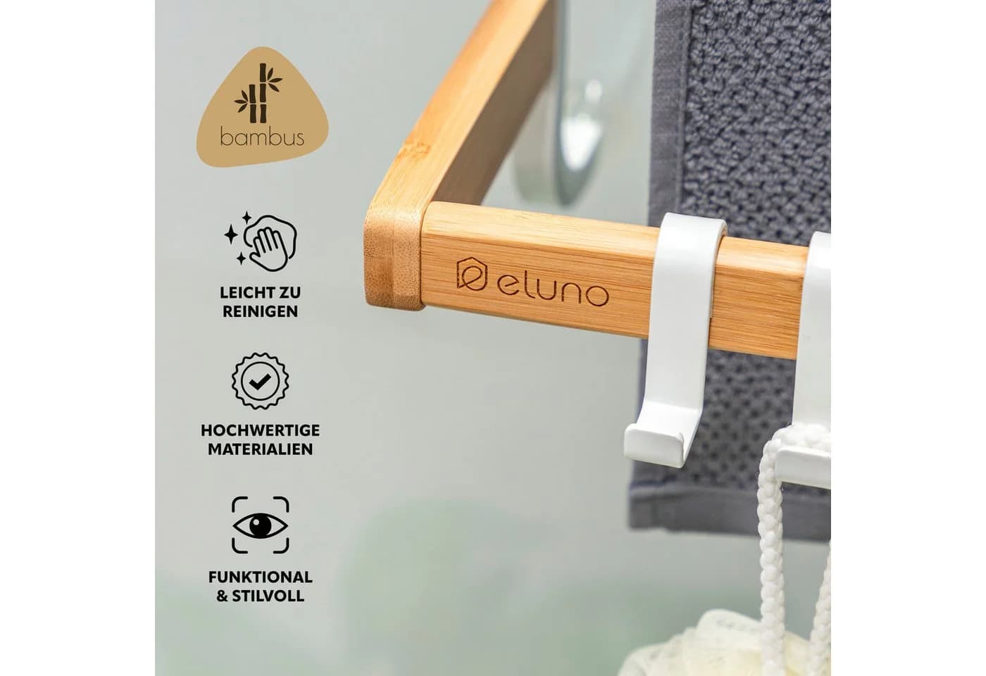 eluno Hängeregal Handtuchhalter Weiß Bambus Metall für Glasduschwand - Bild 5