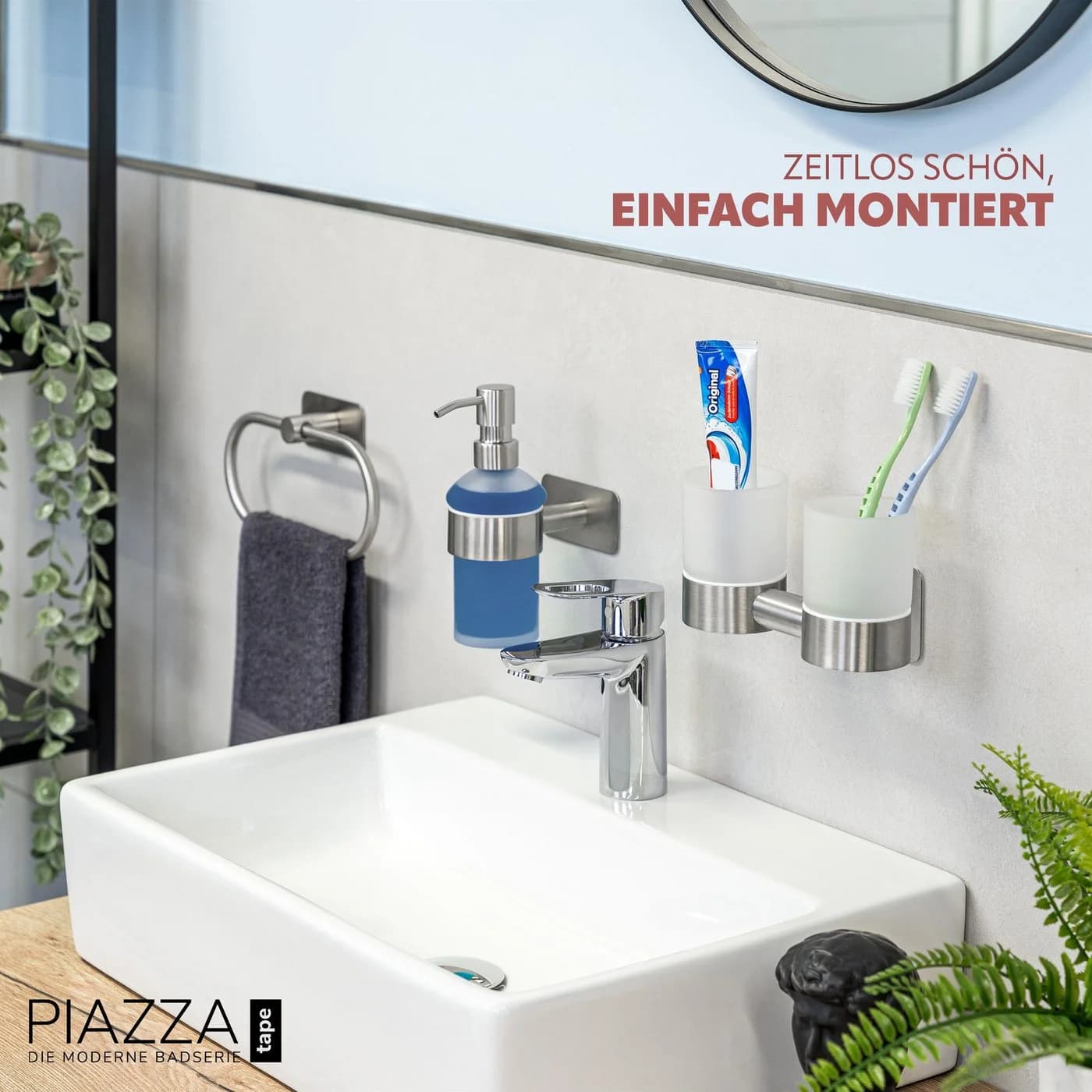 bremermann Zahnputzbecher Bad-Serie PIAZZA TAPE - Glas Edelstahl Selbstklebend