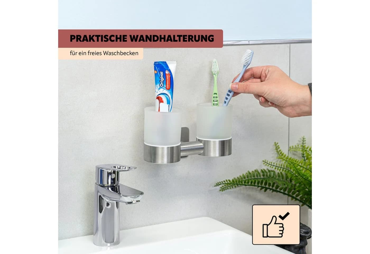 bremermann Zahnputzbecher Bad-Serie PIAZZA TAPE - Glas Edelstahl Selbstklebend - Bild 3
