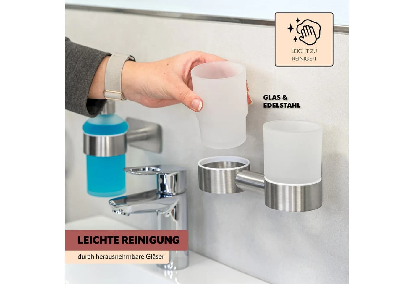 bremermann Zahnputzbecher Bad-Serie PIAZZA TAPE - Glas Edelstahl Selbstklebend - Bild 5
