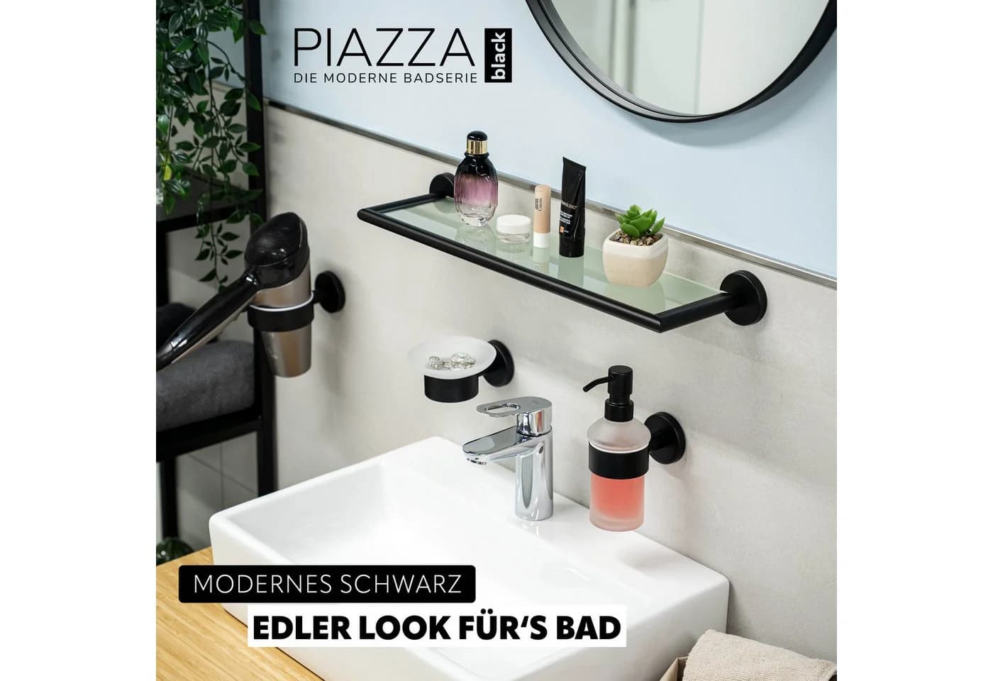 bremermann Wandregal Bad-Serie PIAZZA BLACK Glas Edelstahl matt schwarz