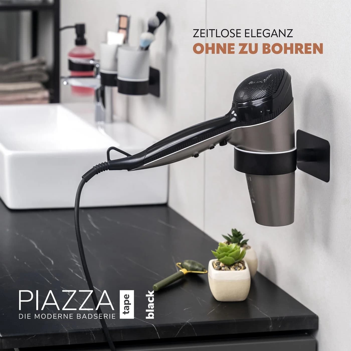 bremermann Haartrocknerhalter PIAZZA BLACK TAPE Schwarz mit Schutzring
