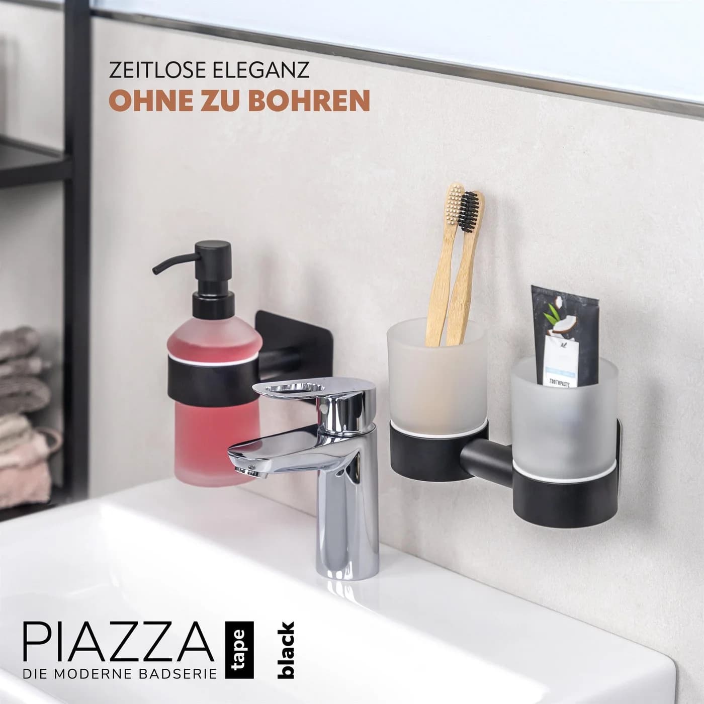 bremermann Zahnputzbecher Bad-Serie PIAZZA BLACK TAPE mit Klebepad
