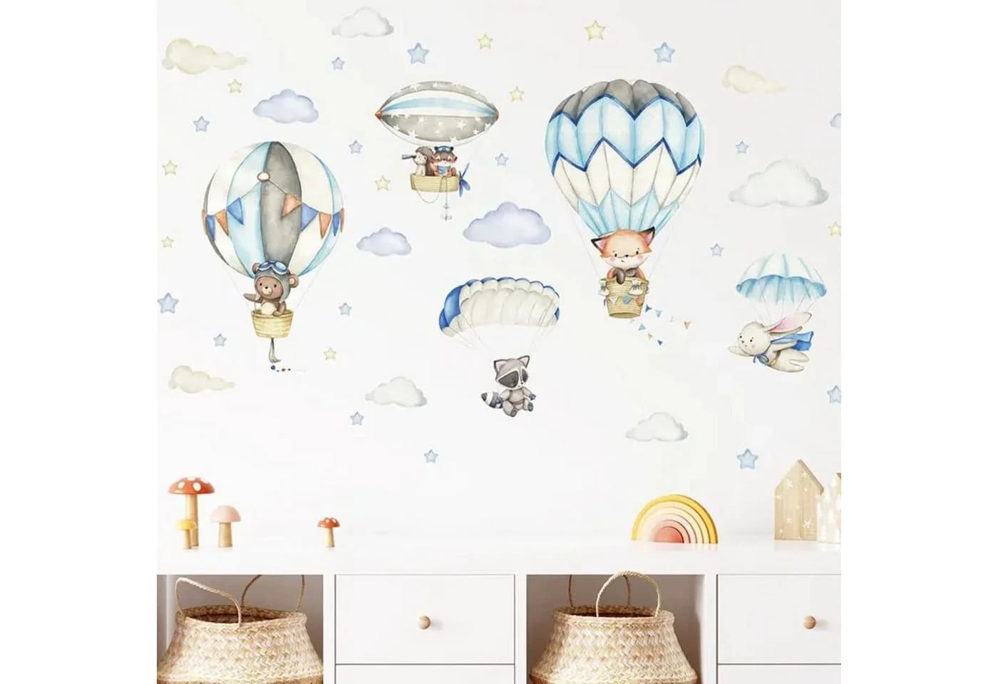 Montegoni Wandsticker Kinder Tier Heißluftballon Bunt Aquarell