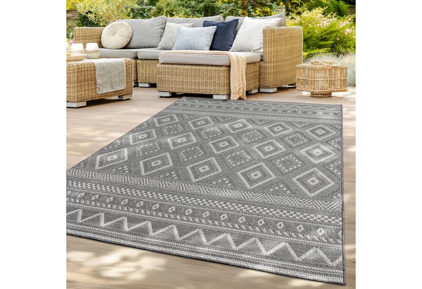 TT Home Teppich Grau Flachgewebe Geometrisch In- & Outdoor - Bild 2