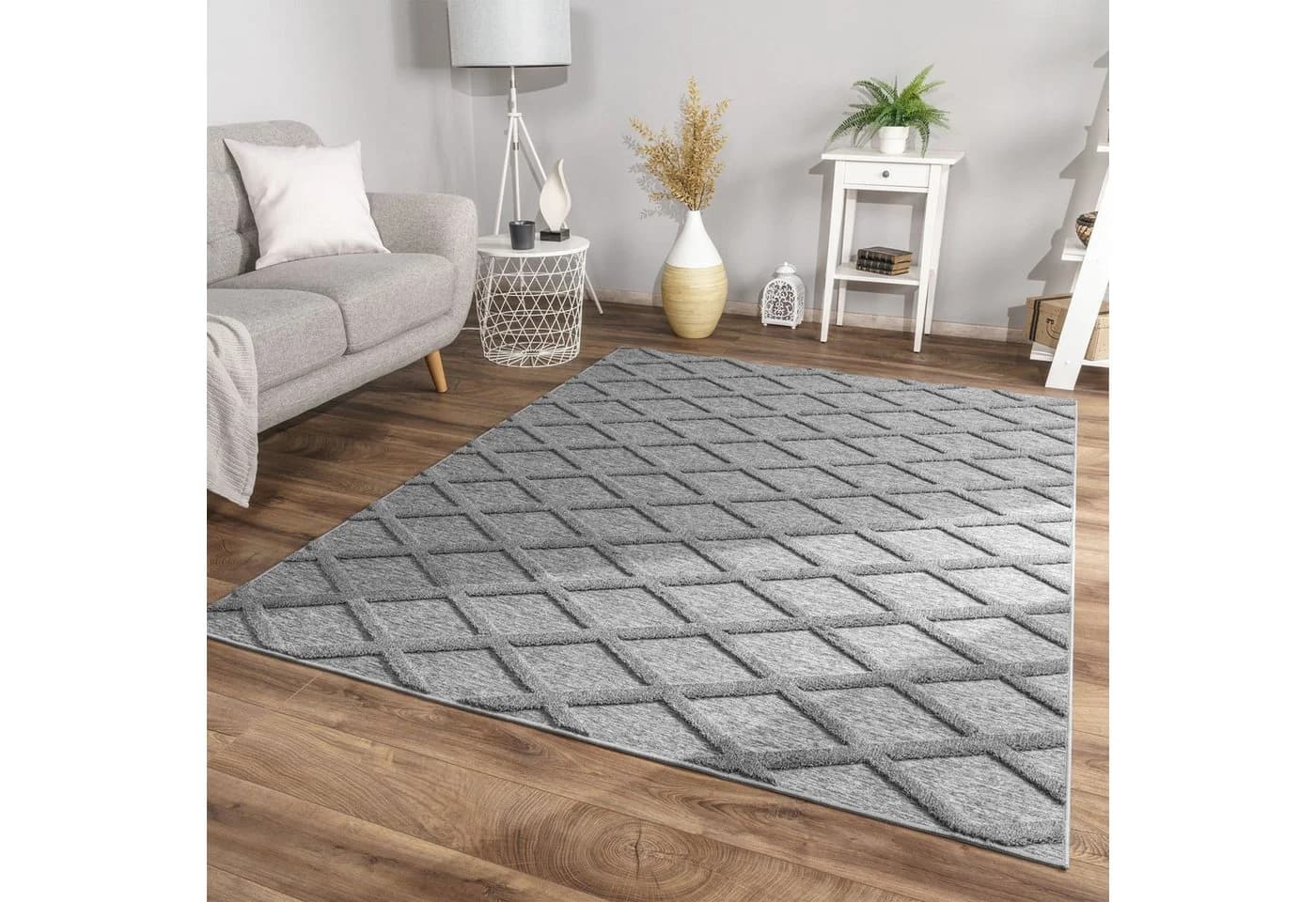 TT Home Teppich Hellanthrazit Kurzflor Rautenmuster Skandinavisch - Bild 2