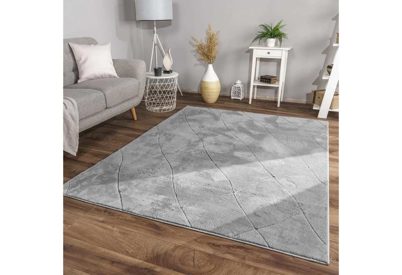 TT Home Teppich Grau Kurzflor Rautenmuster 3-D-Effekt - Bild 2