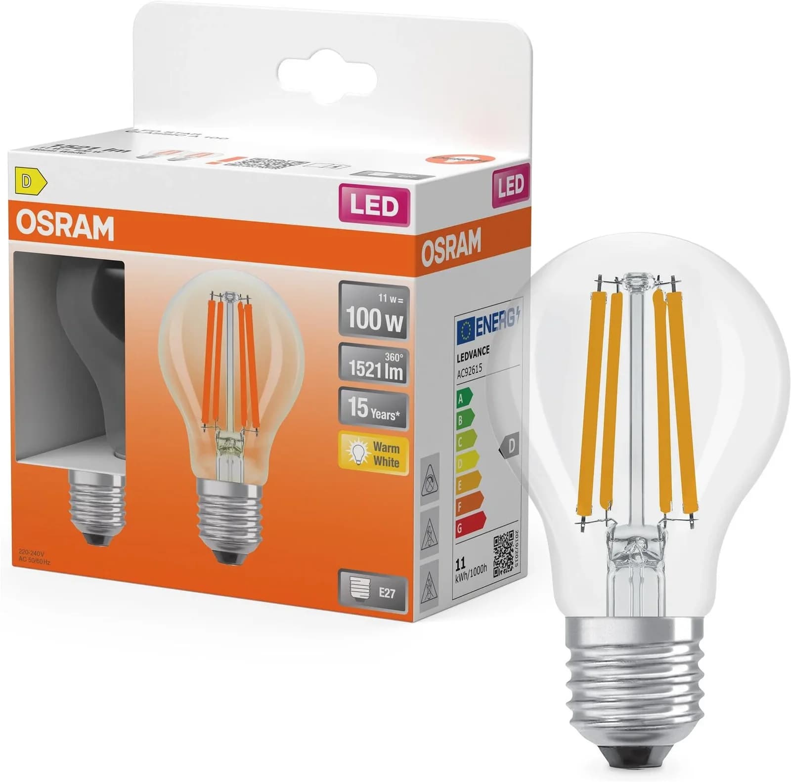 OSRAM LED-Retrofit E27 11W Filament 827 1521lm 2er