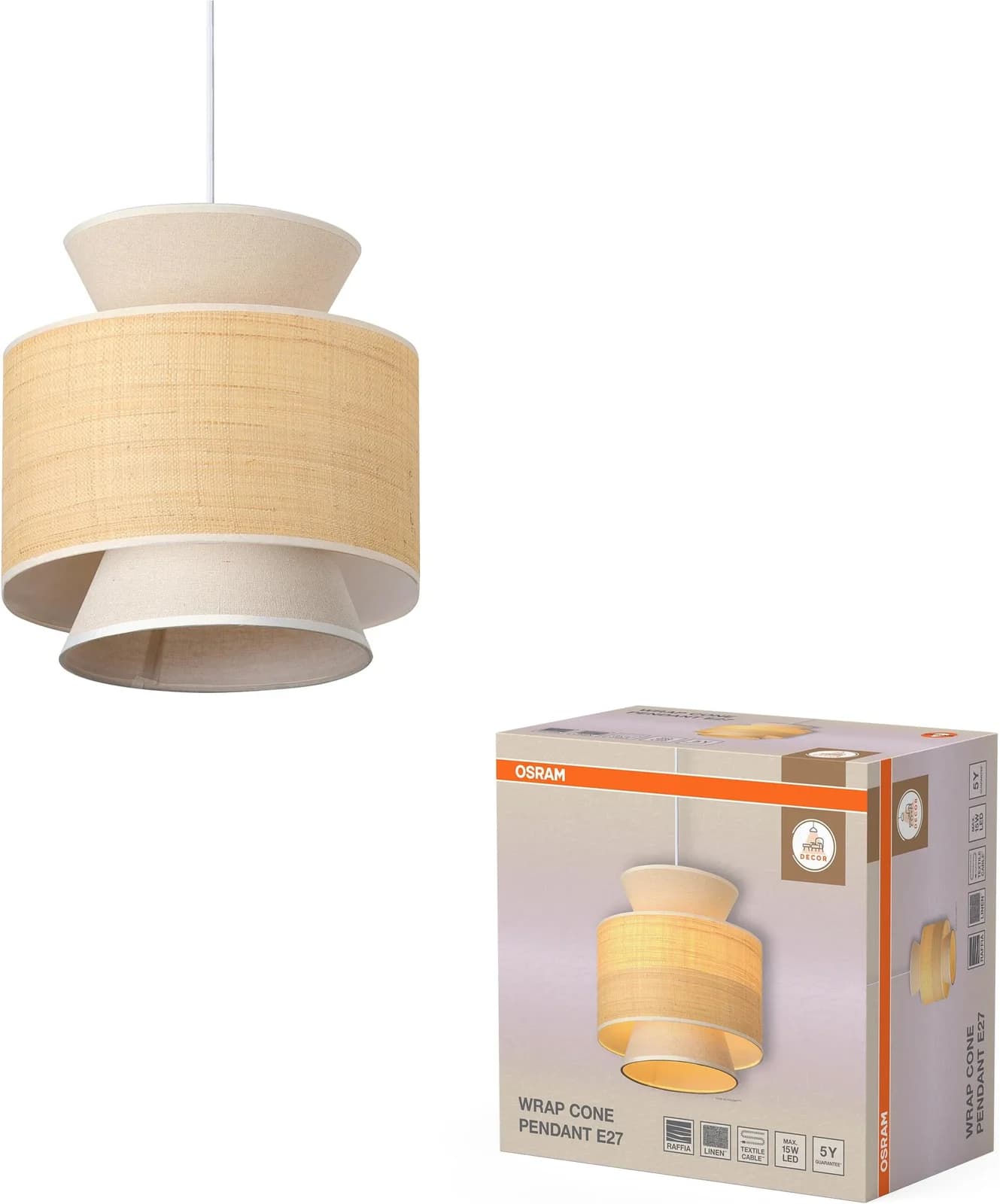 OSRAM Hängeleuchte Decor Wrap Cone Beige Bast Leinen E27