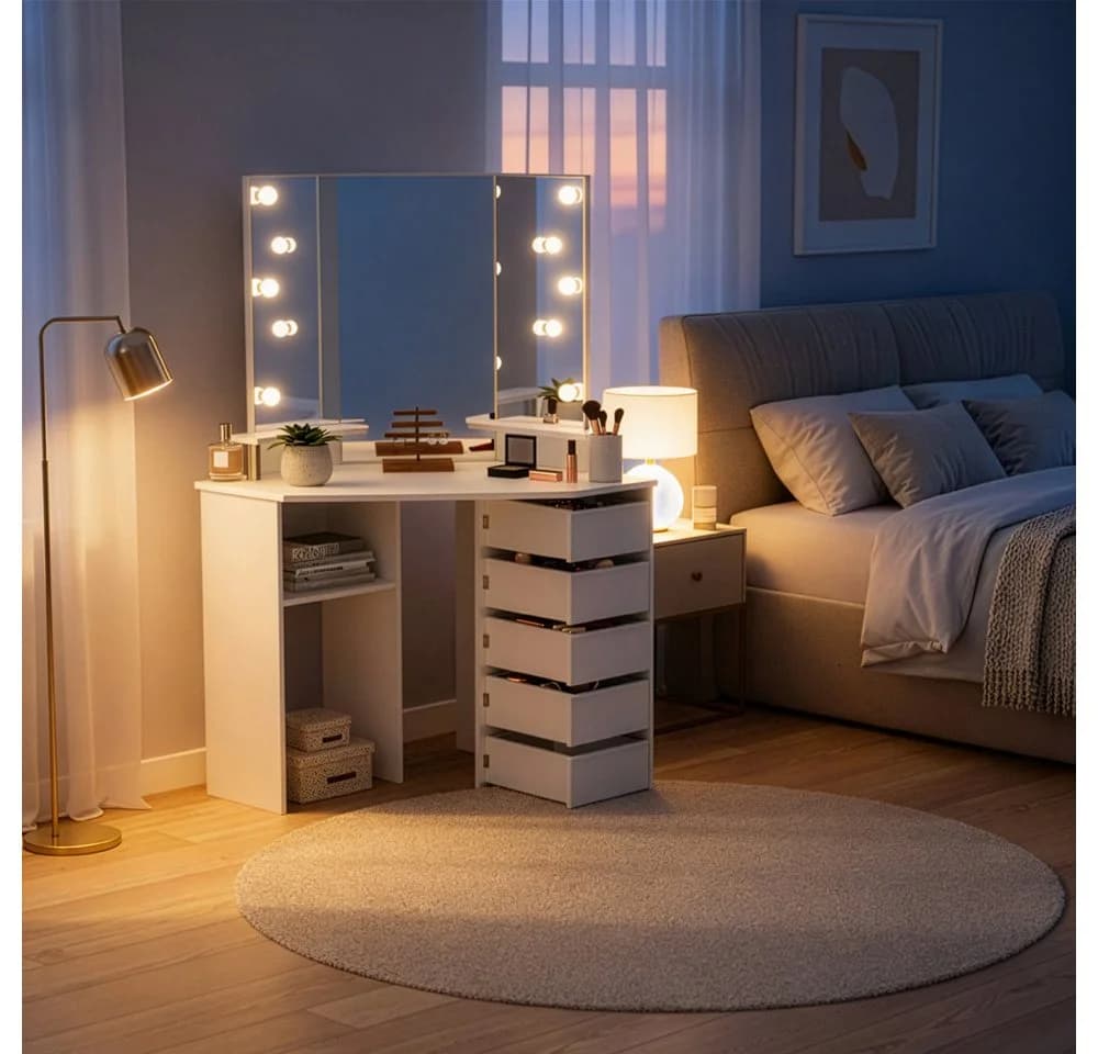 HOME DELUXE Schminktisch CANDICE Weiß mit LED-Beleuchtung & 5 Schubladen - Bild 3
