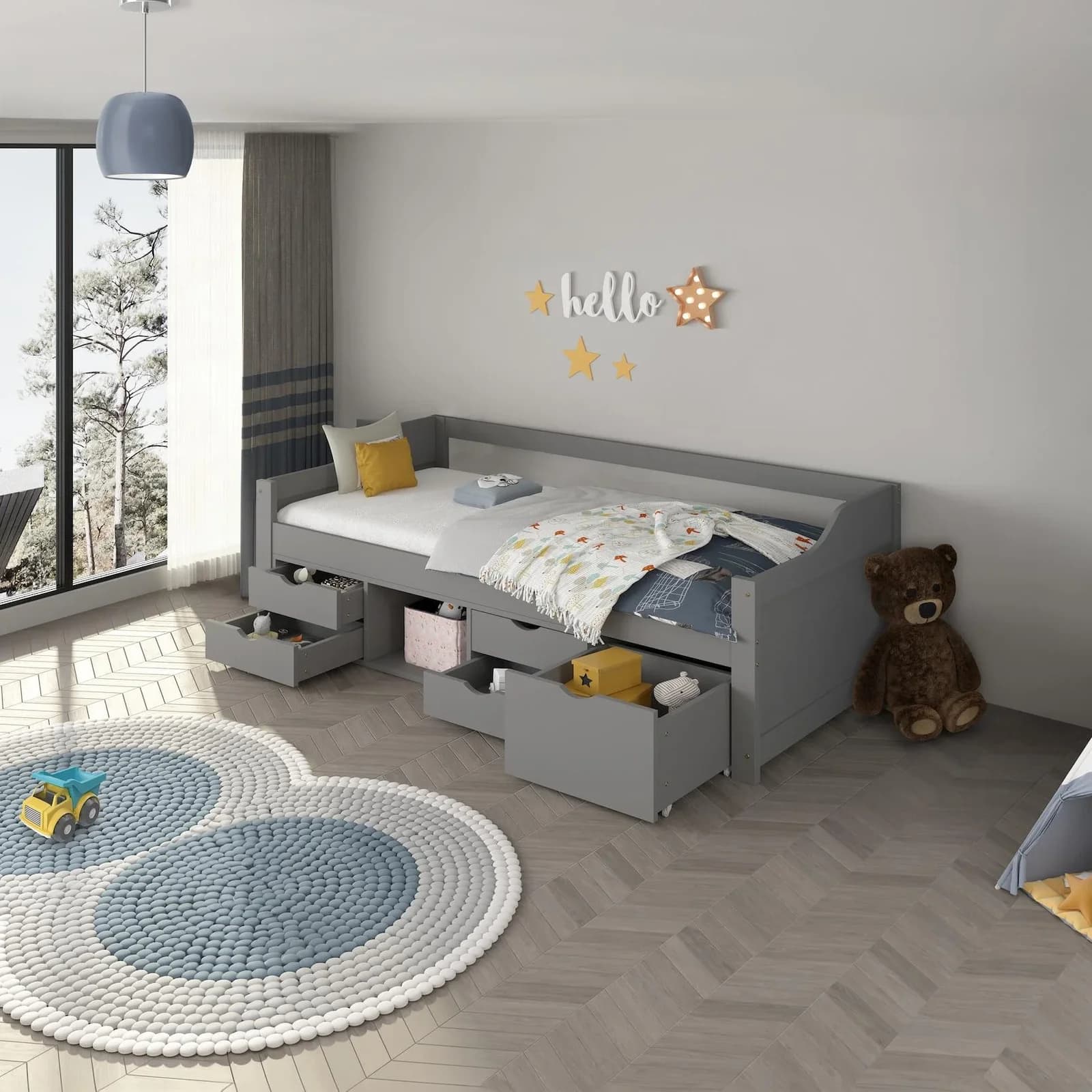 HOME DELUXE Kinderbett COSMOS Grau mit Schubladen und Matratze