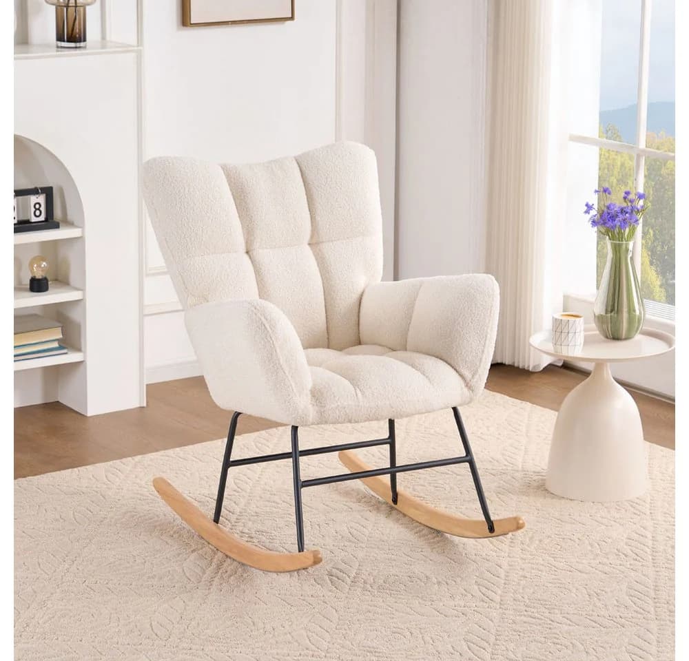 HOME DELUXE Schaukelstuhl NARA inkl. Hocker - Bouclé Weiß - Bild 3